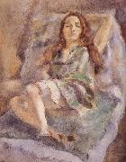 Jules Pascin The red hair girl wearing  green dress oil painting artist